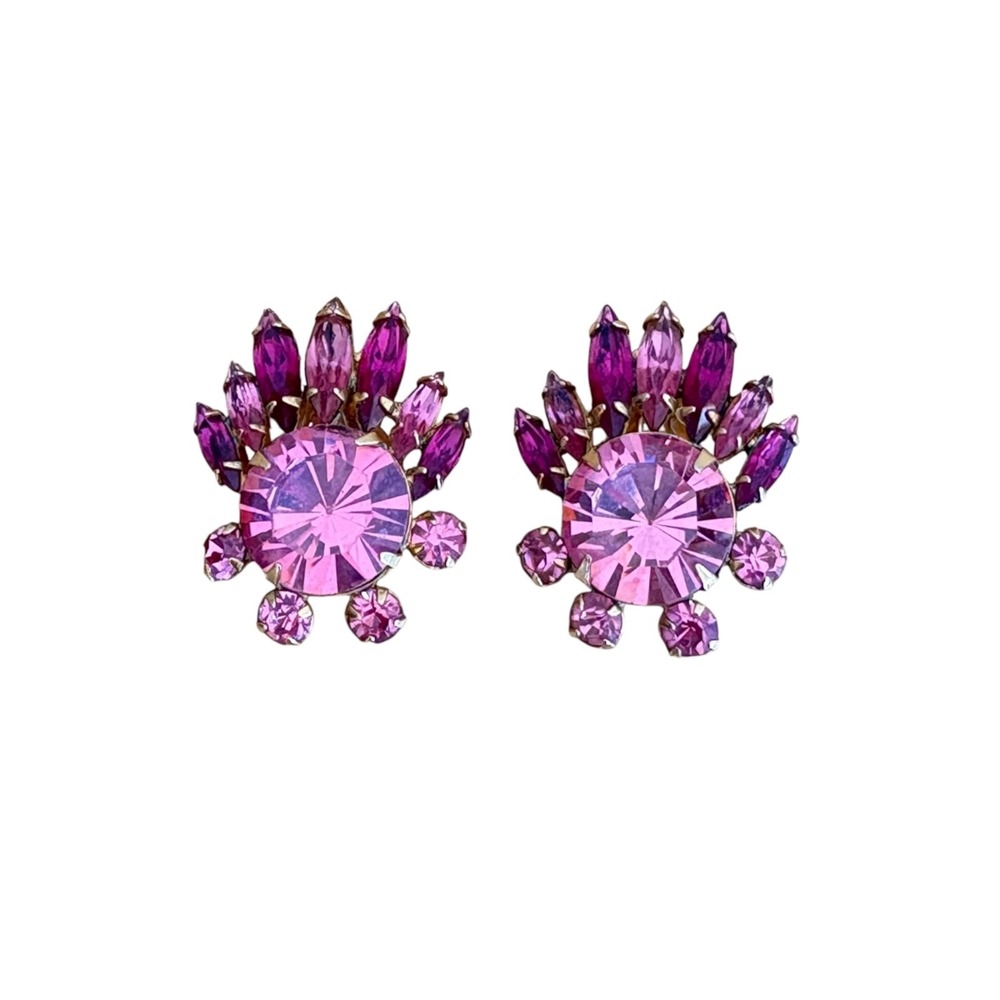 Vintage Earrings by Robert Pink‎ Rhinestone Cluster Clip-On Mid Century Jewelry